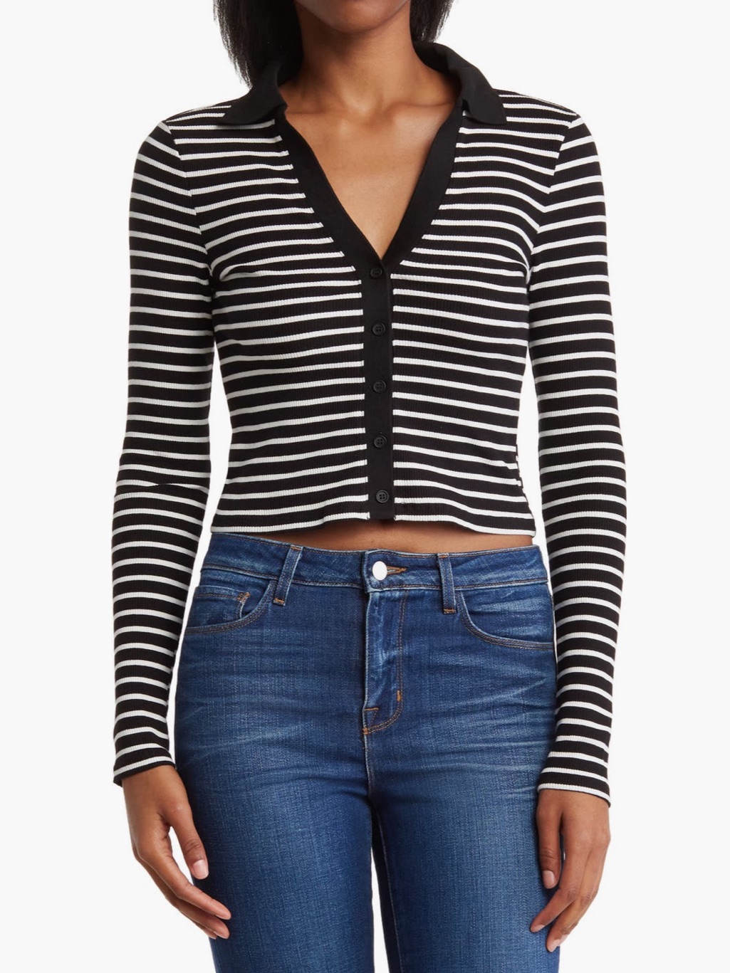 Nwt Elodie Striped Button Down Polo Cropped Knit Top